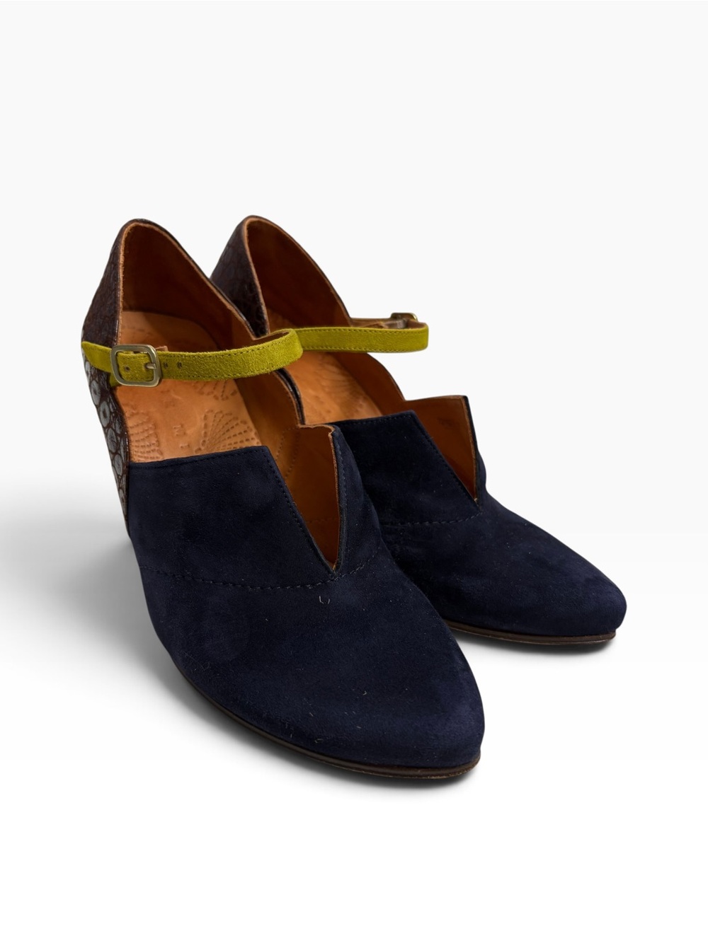 CHIC MIHARA Women’s Navy Suede Mary Jane Heels with Olive Strap $395